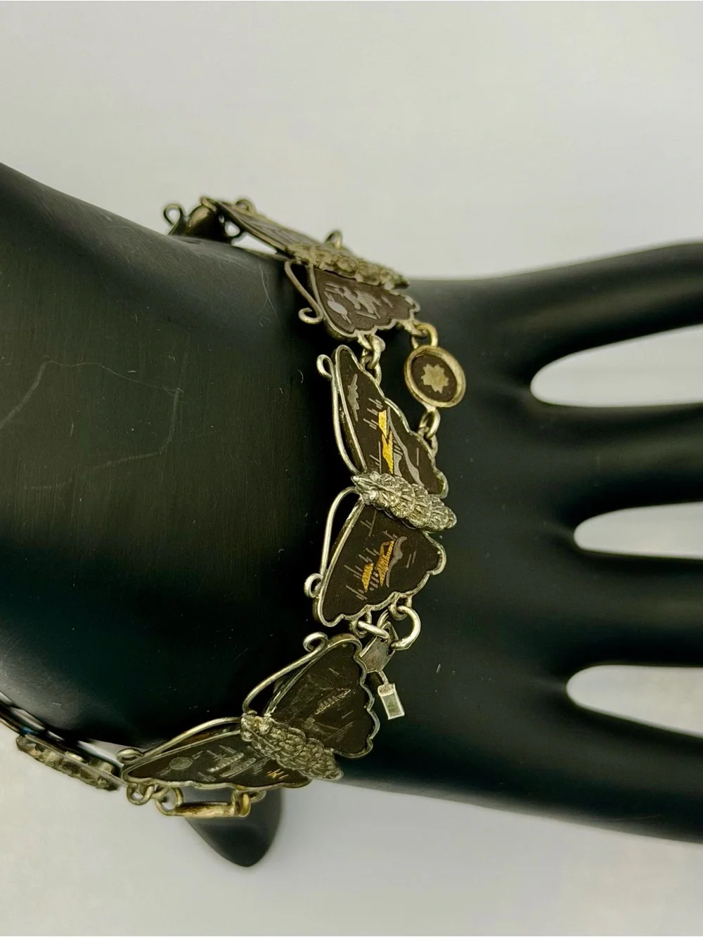 Vintage Japanese Damascene Butterfly Link Bracelet - Gold & Silver Inlay